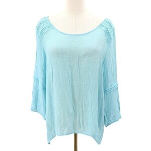 Boho gauze blouse‎ aqua blue flowy top crochet shoulder airy loose XL